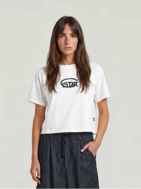 G-Star Tops - G-Star RAW Cropped Logo Relaxed Top Women M White Organic Cotton Tee NWT